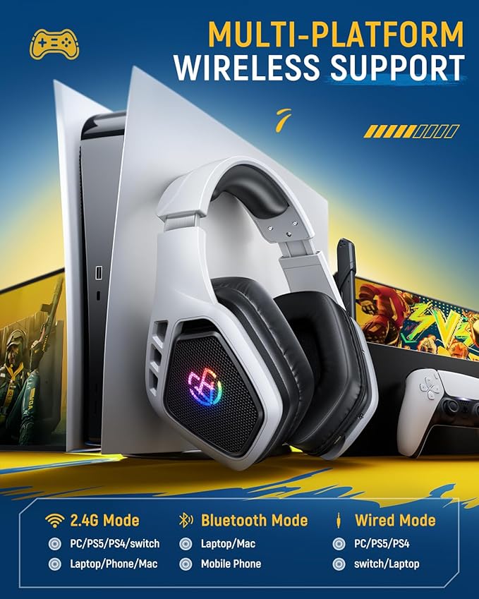 Tatybo Wireless Gaming Headset for PC Ps5 Ps4 2.4 Ghz USB &amp Type-C Gaming Headphones with Microphone 30H Battery Bluetooth Headphones for Switch Laptop Mobile Mac
