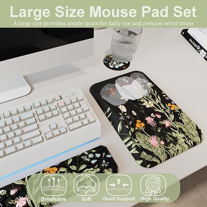 Ospelelf Ergonomic Keyboard Wrist Rest and Large Mousepad with Wrist Rest Support for Computer Gaming Flower
