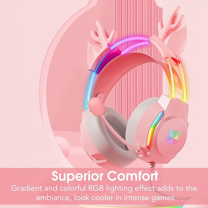 Gaming Headset with Microphone Deer Ears Headphones for PC Laptop PS4 PS5 Xbox Switch Rainbow RGB Lighting &amp Virtual Surround Sound 3.5mm Over Ear Headphones Ergonomic