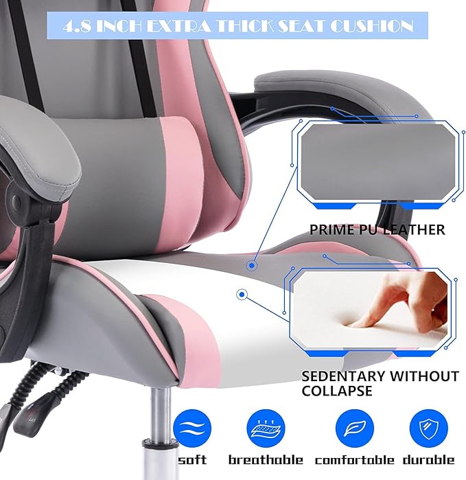 ALEAVIC Gaming Chair with Massager Fabric Gaming Chairs for Adults Ergonomic Gamer Chair with Adjustable Headrest and Lumbar Support Reclining Computer Game Chair High Back Frost Pink