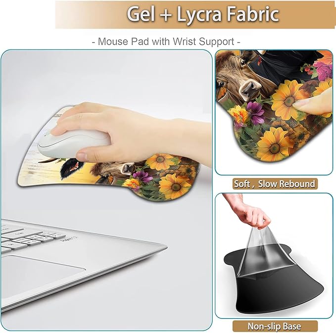 Keyboard Wrist Rest and Mouse Pad Wrist Support Set Ergonomic Gel Mouse Pad Wrist Rest with Non-Slip Base for Home Office Desk Pad Easy TypingSunflowers Cute Farmhouse Cow Pattern Gaming Mouse Mat
