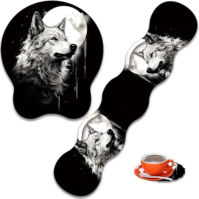 Mouse Wrist Rest and Keyboard Wrist Rest Pad+ Coaster Set Non-Slip Rubber Base Smooth Surface Ergonomic Gaming Mouse Pad for Easy Typing and Pain Relief Wolf Moon