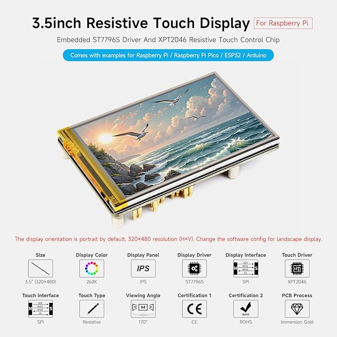 Waveshare 3.5inch Resistive Touch Display Compatible with Raspberry Pi 5/4B/3B Pi Pico IPS Panel 320×480 Immersion Gold Process 262K Color
