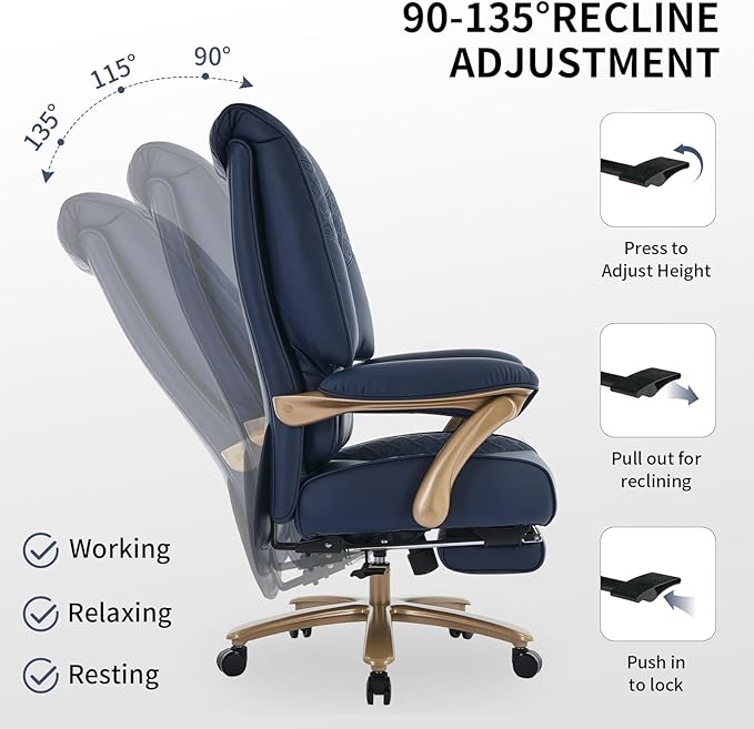 Big and Tall Executive Office Chair with Footrest 400LBS Capacity Ergonomic High-Back Desk Office Chair with Lumbar Support Padded Armrests &amp Thick Cushion Blue PU Leather Chairs