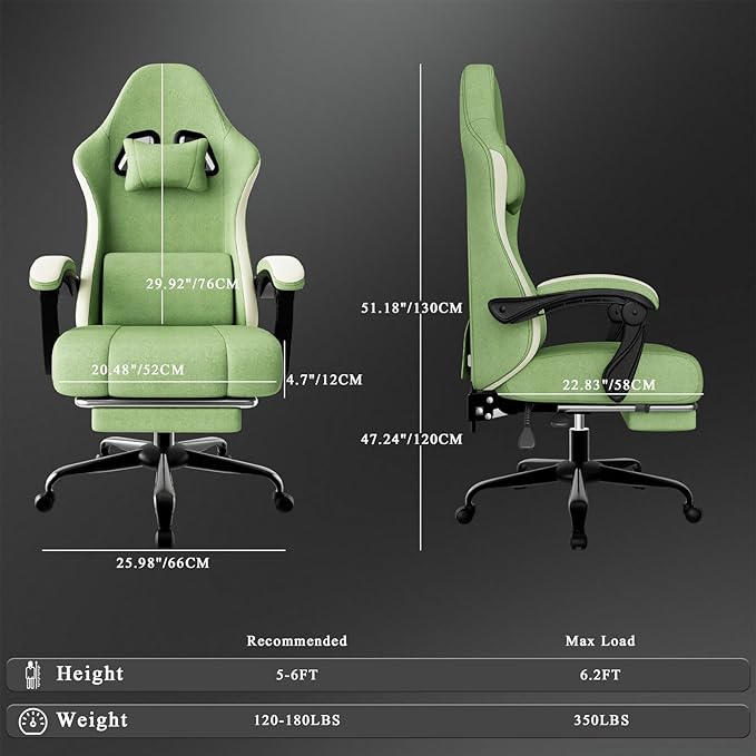 Gaming Chair High Back Fabric Computer Chair with Pocketed Spring Cushion and Footrest Height Adjustable Game Chair with Headrest and Lumbar Support