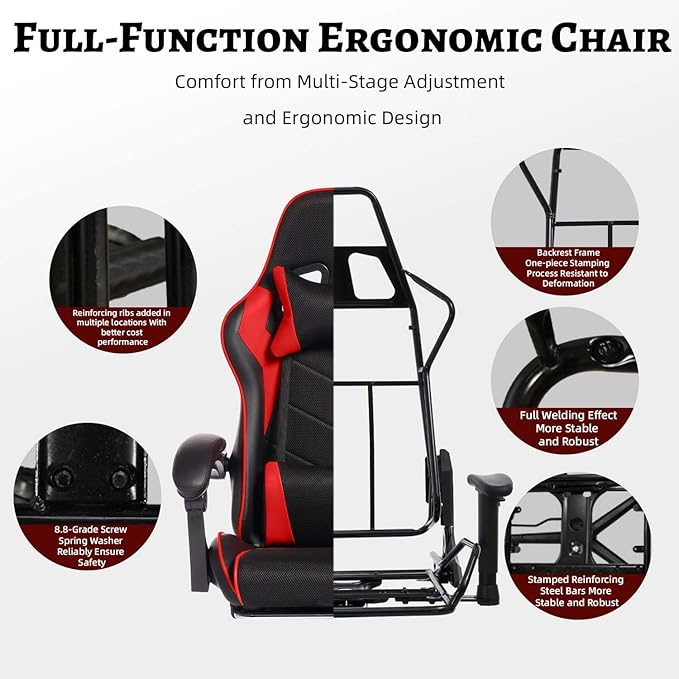 Leather Ergonomic Gaming Chair with Footrest Comfy Red Gaming Chair with Comfortable Headrest &amp Lumbar Support for Adults Kids Women Men Boys 300 LBS Capacity (Black&ampRed)