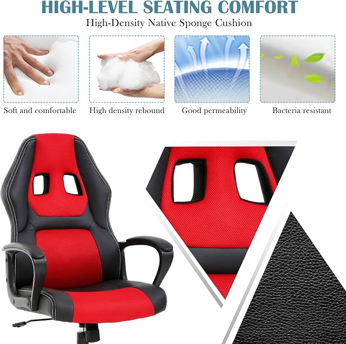 Computer Chair Ergonomic Desk Chair Racing Gaming Chair with Armrest &ampHeight Adjustable High Back Computer E-Sports Chair Task Swivel Executive Seat PU Leather Chair for Home Office (Red)