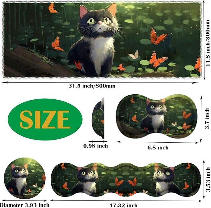 4 in 1 Mouse Pad Combo Large Gaming Mouse Pad + Keyboard Wrist Support + Mouse Wrist Rest + Coaster Table Pad with Stitched Edge Ergonomic Wrist Pad Set Butterfly and Cat