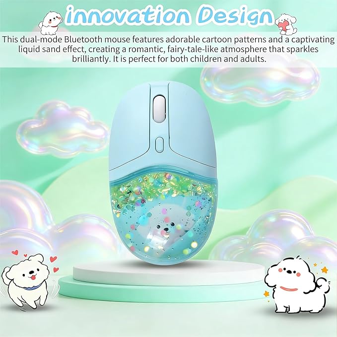 elec Space Wireless Bluetooth Mouse -Cute Clear Aqua Design Glitter Liquid Sand Water Mouse with Optical Precision Silent Clicks LED Breathing LightTransparent Retro Style for Home Office (Green)