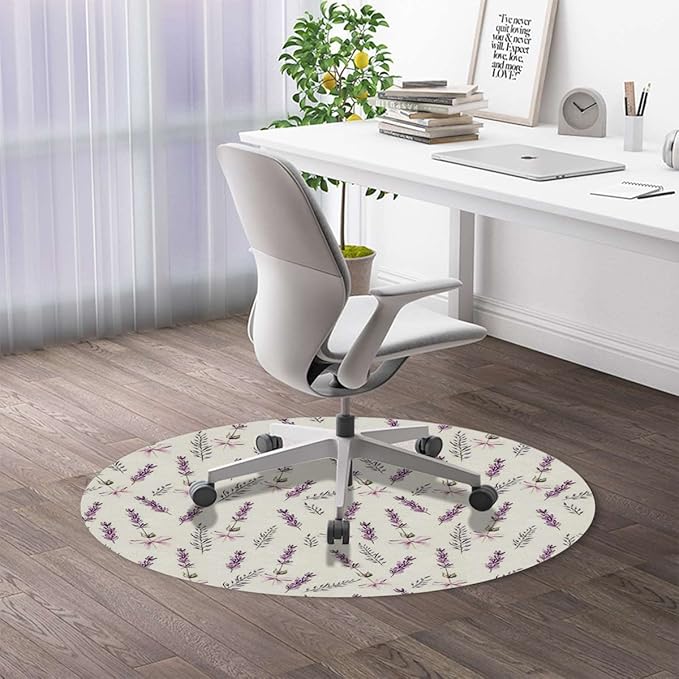 Purple PU Leather Carpet for Hard Wood &amp Tile Floor Lavender Stripes Flowers Easy Glide Floor Protector Mat for Office Chairs Pastel Diameter 39.4 in