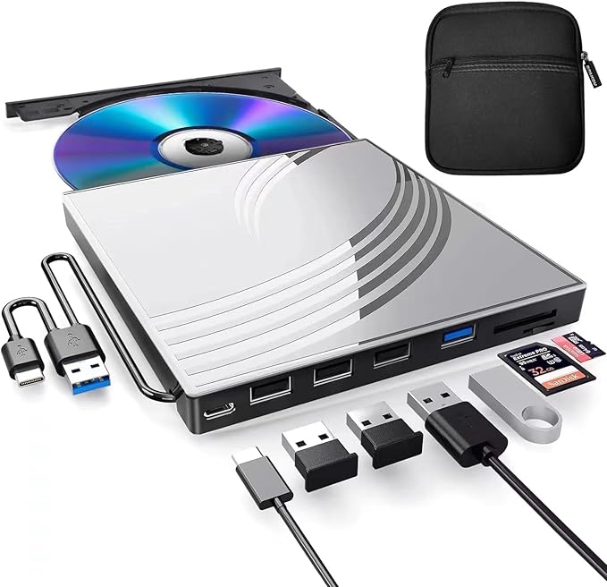 External CD/DVD Drive for Laptop with Carrying CaseDVD Player for LaptopPortable CD Burner with 4 USB Ports 2 TF/SD Card SlotsCD Disk Drive Player Reader Write