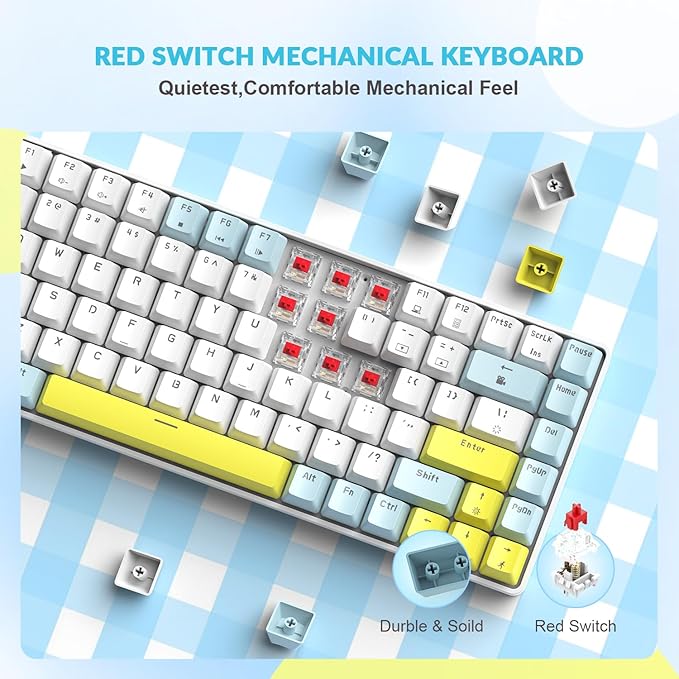 LexonElec RK-84 Portable Mechanical Gaming KeyboardRainbow LED Backlit Compact 84 Keys Mini Wired Office Keyboard with Red Switch for Windows Laptop PC Mac-White/Blue/Orange
