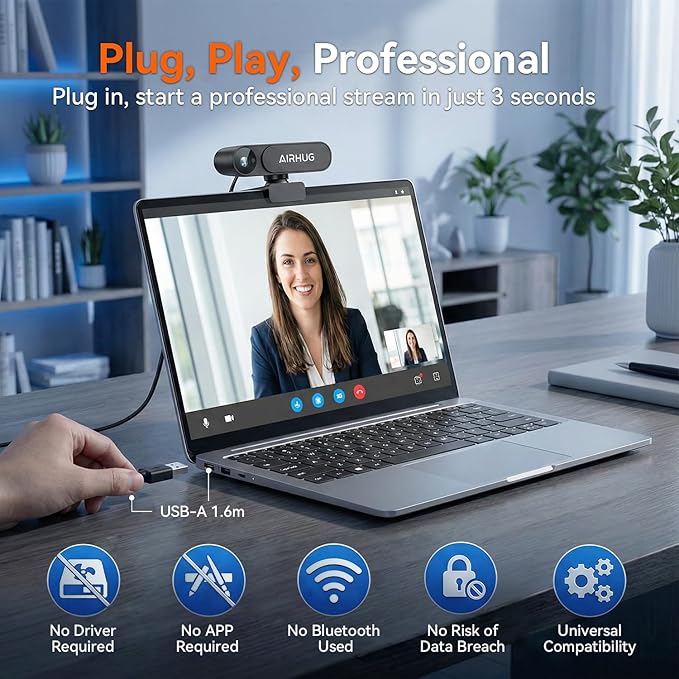 AIRHUG 4K UHD USB Webcam No Mic with Privacy Cover for Secure Meetings - 16MP Sony Sensor PDAF Fast Focus 63° Gold FOV Auto Light Balance Streaming Camera Without Audio for PC/Laptop/Desktop