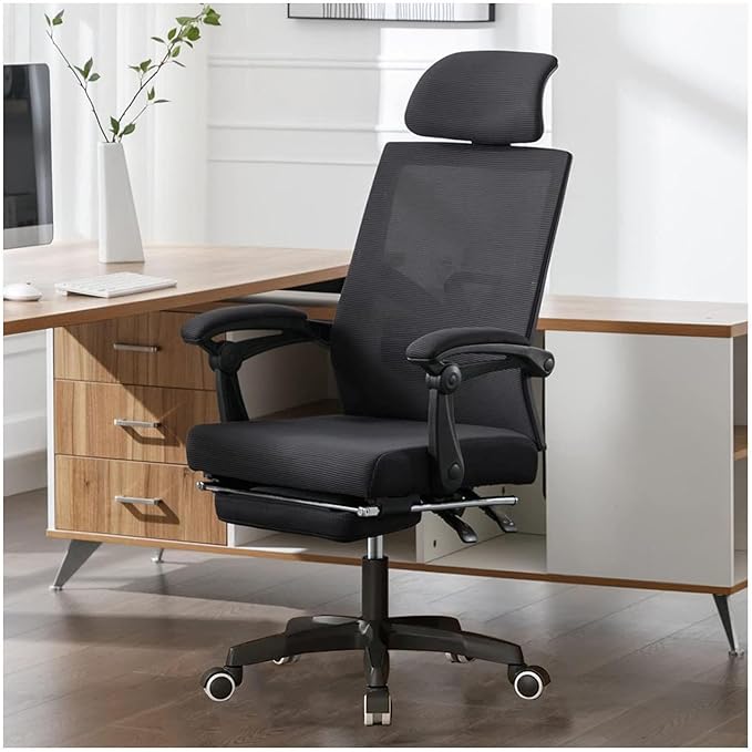 Computer Chair with Footrest Retractable Footrest with Adjustable Lumbar Support Computer Chair Gaming Breathable Meshfor Home/Study/WorkingBlack
