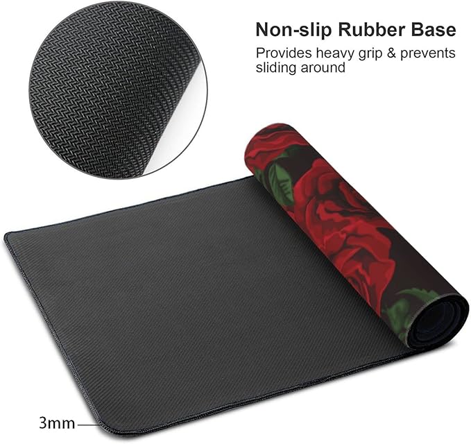 Rose Red Flower Large Mouse Pad Gaming Mousepad with Wrist Support Rubber Computer Keyboard Mat for Desk Laptop Non-Slip Full Deskmat Protector Waterproof Writing Pad Office Home 16x35.5 in