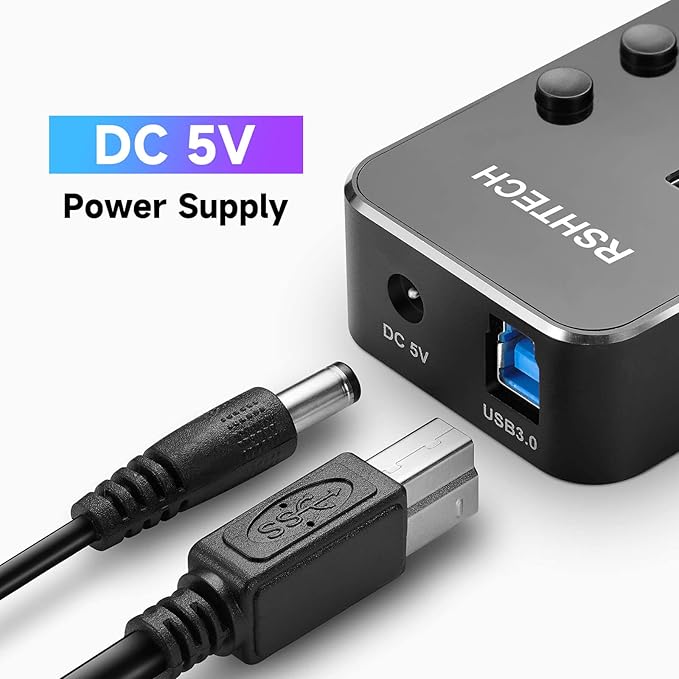 Powered UBS Hub RSHTECH 7 Port USB 3.0/USB C Hub Upgraded Version Aluminum USB Splitter with 2-in-1 USB Cable5V 3A Power Adapter and Individual Switches USB Port Expander for Laptop/PC RSH-ST07
