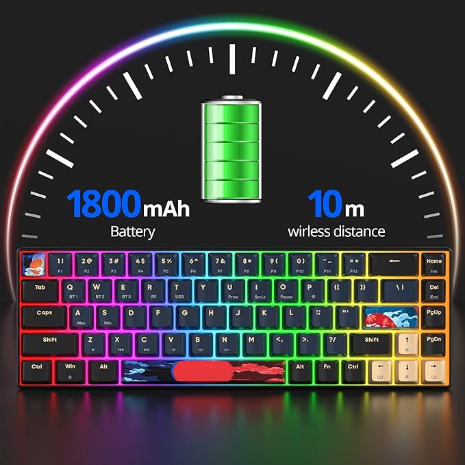 surmen GT68 65% Wireless Mechanical Gaming Keyboard 60 Percent RGB Hot-Swappable 68-Key Compact Keyboard Bluetooth5.0/2.4G/USB with Yellow Switch (Yellow Switch Blue Samurai 68)