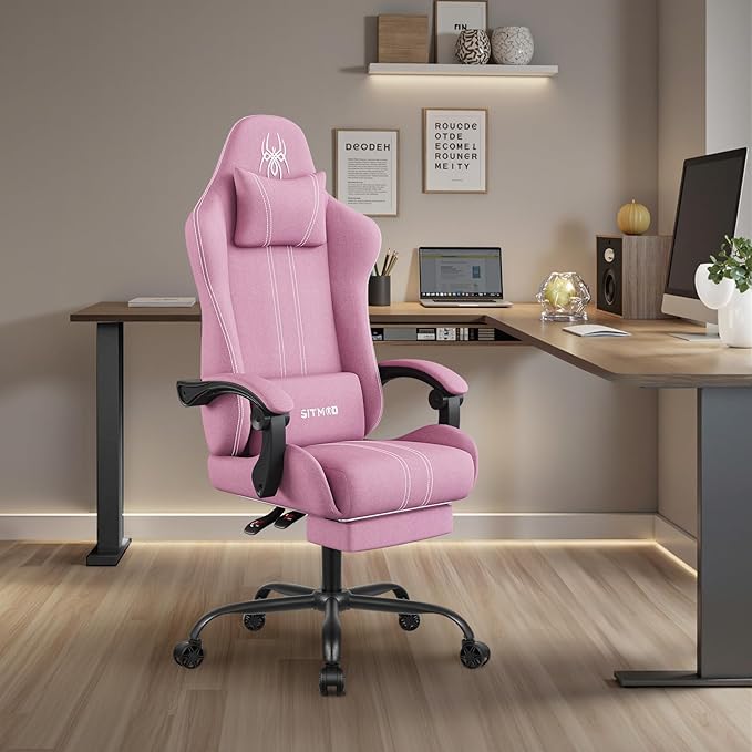 SITMOD Fabric Gaming Chair with Footrest-Breathable Computer Chair with Headrest &amp Lumbar PillowBig and Tall Ergonomic Gamer Chair for Heavy Adults22.44 Deep Seat Gaming Chairs for Adults(Pink)