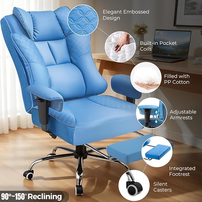 GTPLAYER Big and Tall Office Chair 400LBS Wide Ergonomic Gaming Chair with Deluxe Embossing Designed Leather with Foot Rest150°Reclining Adjustable Soft Armrests Pocket Spring Back Support and Pillow