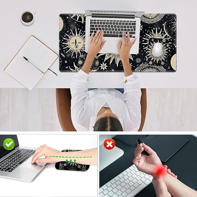 Wrist Rest Pad Small Mouse Pad and Office Desk Mat Set 3 in 1 Desk Pad 11.8 x 23.6+Mousepad +Mouse Wrist Rest with Ergonomic Design Non-Slip for Home Gaming Computer Sun Moon