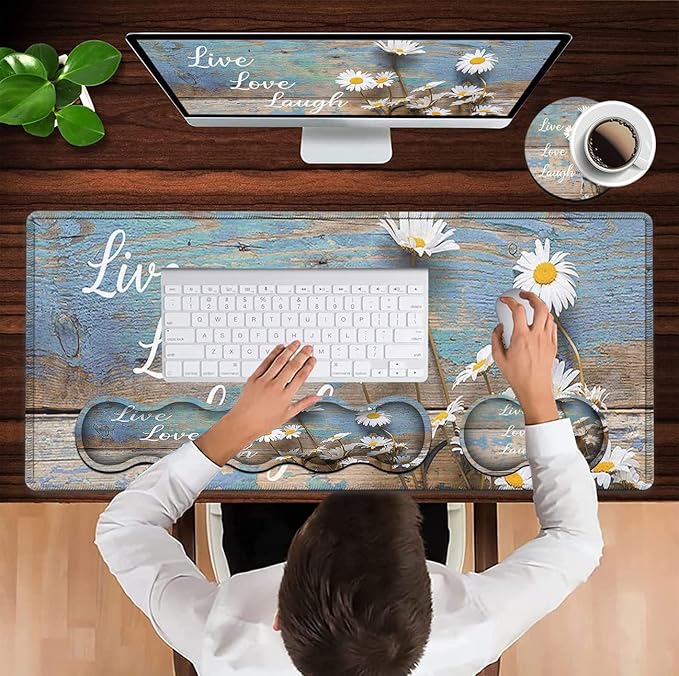 Mouse Pad Set Large Gaming Mouse Pad + Keyboard Wrist Rest Support + Mouse Wrist Rest Non-Slip Rubber Base 31.5 x 11.8 in Extended Desk Mat for Office Desktop Decoration White Daisy Flowers