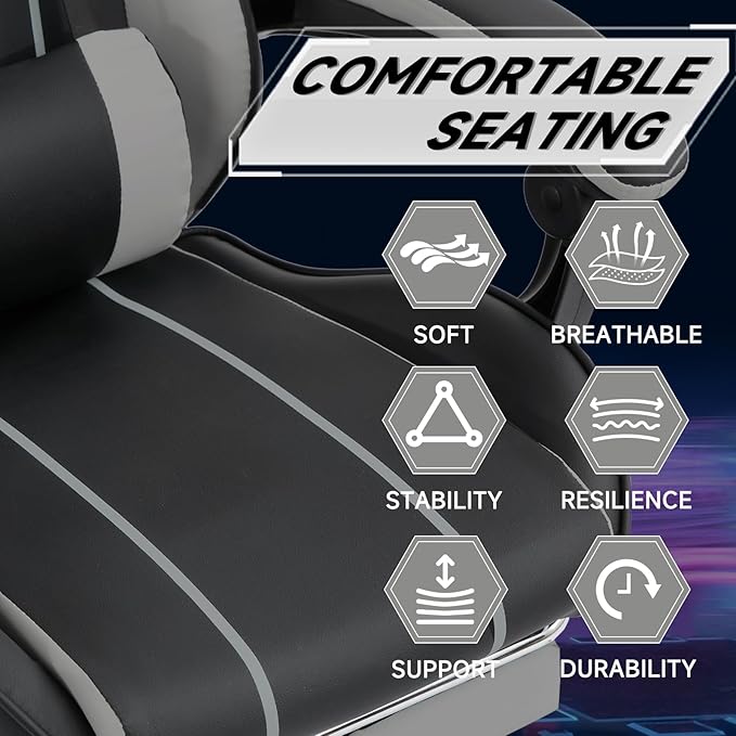 Gaming Chair with Massage and Footrest Ergonomic High Back PC Racing Chair 300LBS Capacity with Adjustable Lumbar Support &amp Headrest for Office and Desk (Model D Black+Grey)