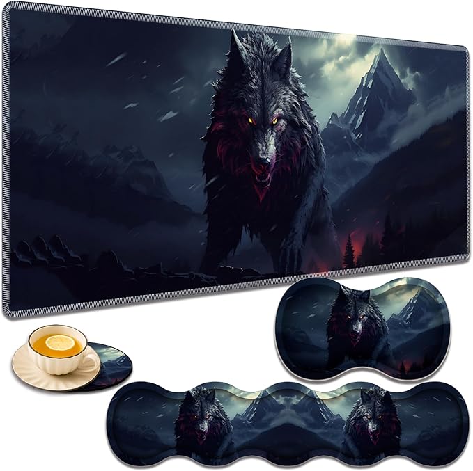 Gaming Mouse Pad Set Large Gaming Mouse Pad+Keyboard Wrist Rest+Mouse Wrist Rest+Coaster Easy Typing Pain Relief 31.5 × 11.8 inch Desk Mat for Home Office - Wolf Night