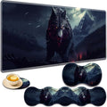 Gaming Mouse Pad Set Large Gaming Mouse Pad+Keyboard Wrist Rest+Mouse Wrist Rest+Coaster Easy Typing Pain Relief 31.5 × 11.8 inch Desk Mat for Home Office - Wolf Night
