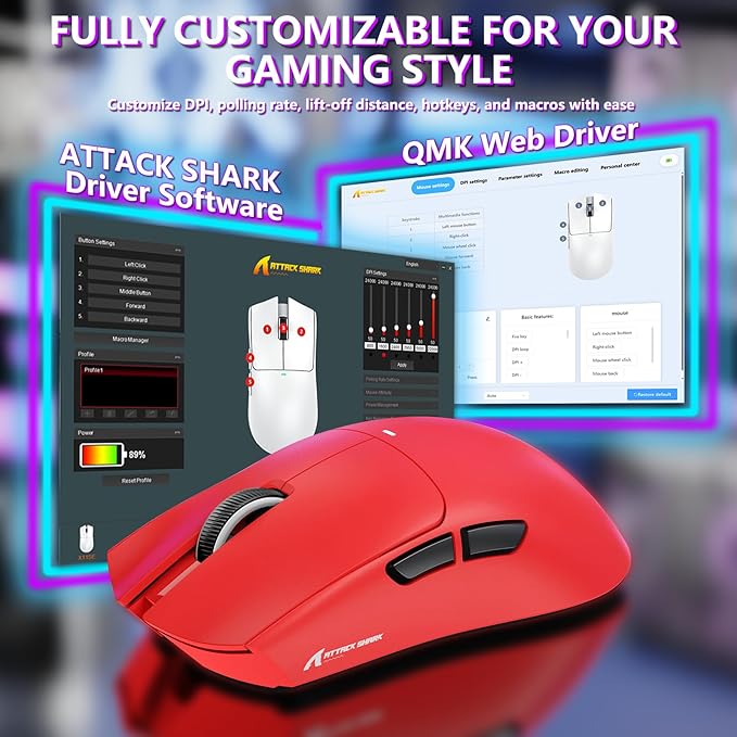 MAMBASNAKE Attack Shark X11SE Lightweight Wireless Gaming Mouse Tri-Mode 2.4G/USB-C Wired/BT 22K DPI PAW3311 Optical Sensor 59g 5 Programmable Buttons 300mAh Battery for PC/Mac(Red)
