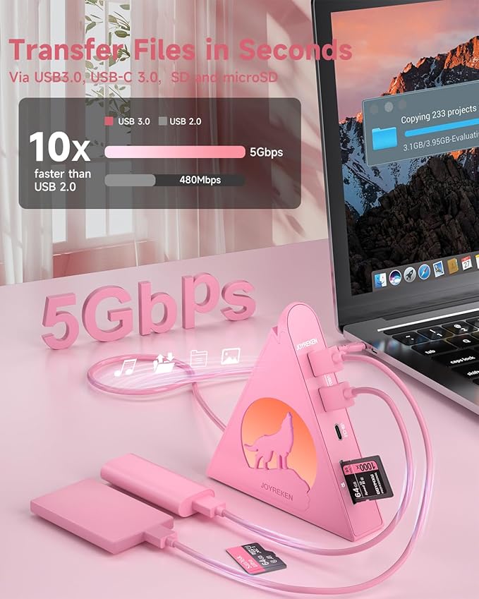 Pink USB-C Hub Bundle – Wolf 8-in-1 USB C Hub with 4K@30Hz HDMI PD100w 5Gbps USB-C 3 USB-A 3.0 SD/TF Card Reader Flying V Type C to 4 USB 3.0 Ports Hub for MacBook iMac iPad