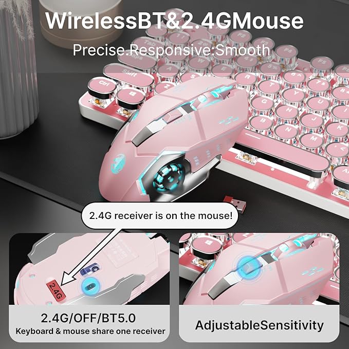 TK950 Wireless Typewriter Keyboard and Mouse Combo 104 Keys Retro Typewriter Mechanical Keyboard with White Backlit Anti-Ghosting Blue Switch Bluetooth/2.4G/Wired Cute Gaming Keyboards-Pink