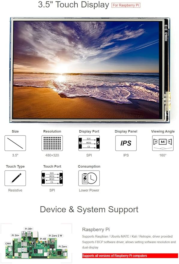 Waveshare 3.5inch Resistive Touch Display Compatible with Raspberry Pi 5/4B/3B/Zero/Zero W/Zero 2W/Pico/Pico W/Pico WH 480×320 IPS Screen SPI