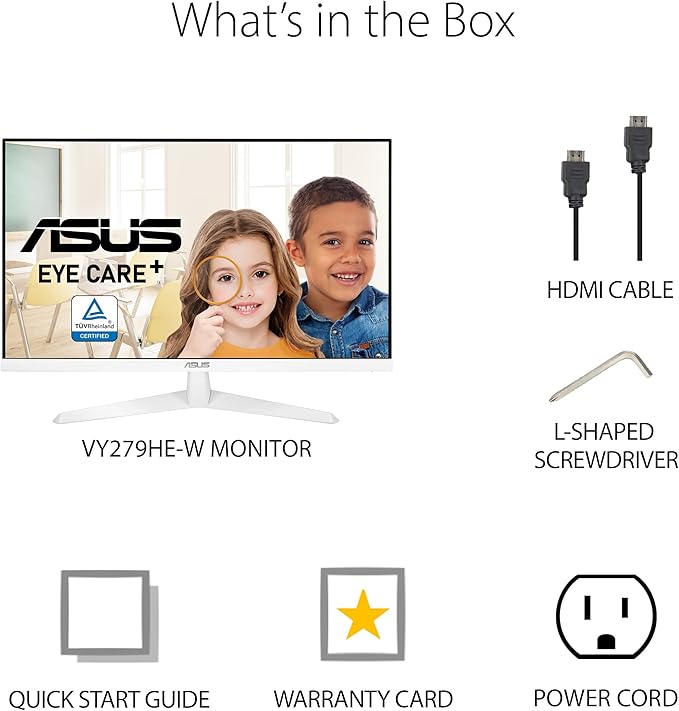 ASUS VY279HE-W 27” 1080P Monitor - White Full HD 75Hz IPS Adaptive-Sync/FreeSync Eye Care Plus Color Augmentation Rest Reminder HDMI VGA Frameless VESA Wall Mountable