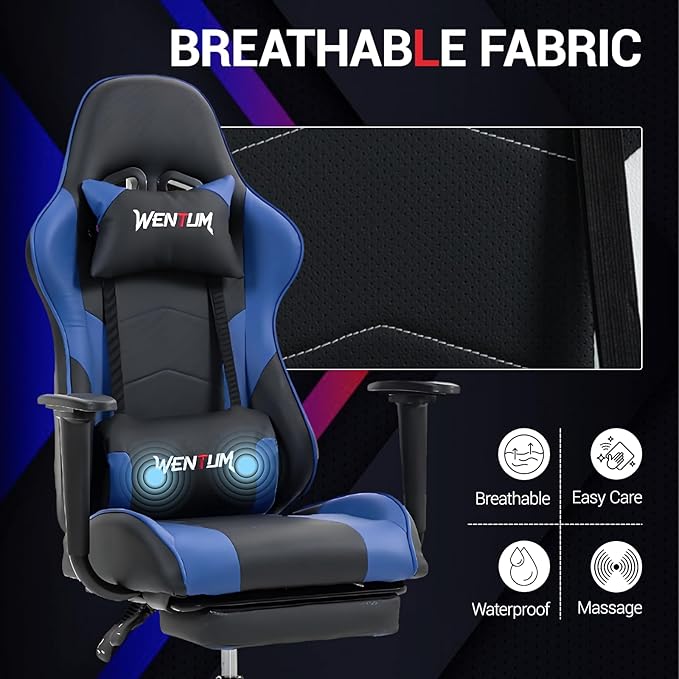 Gaming Chair with Footrest Ergonomic PC Desk Chair with Headrest and Massage Lumbar Support Video Game Chair w/Height Adjustable High Back for Home Office Blue