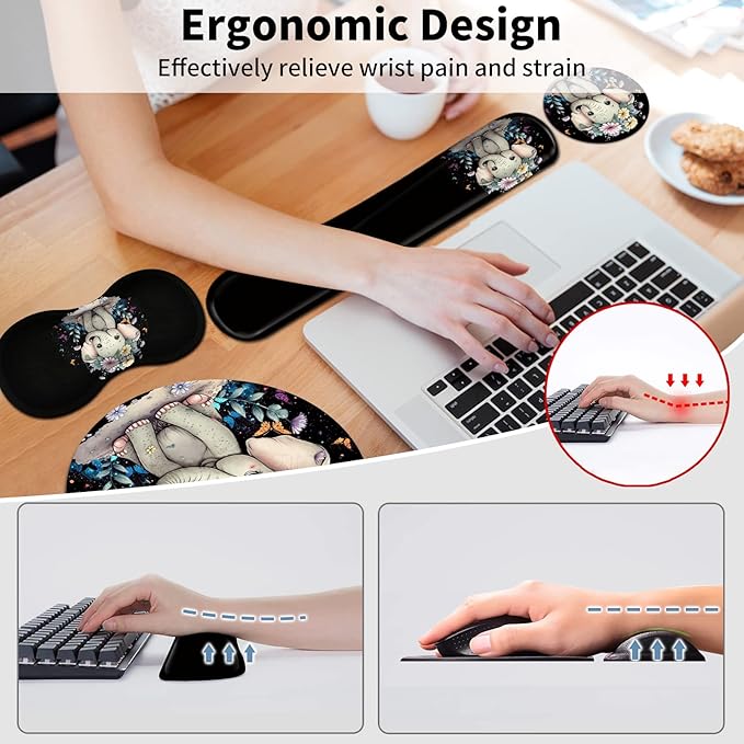 Mouse Pad + Keyboard Wrist Rest + Mouse Wrist Rest Support Set + Coaster Ergonomic Memory Foam Mouse and Keyboard Pad Set for Laptop Computer Office Home Working Gaming - Elephant Flower