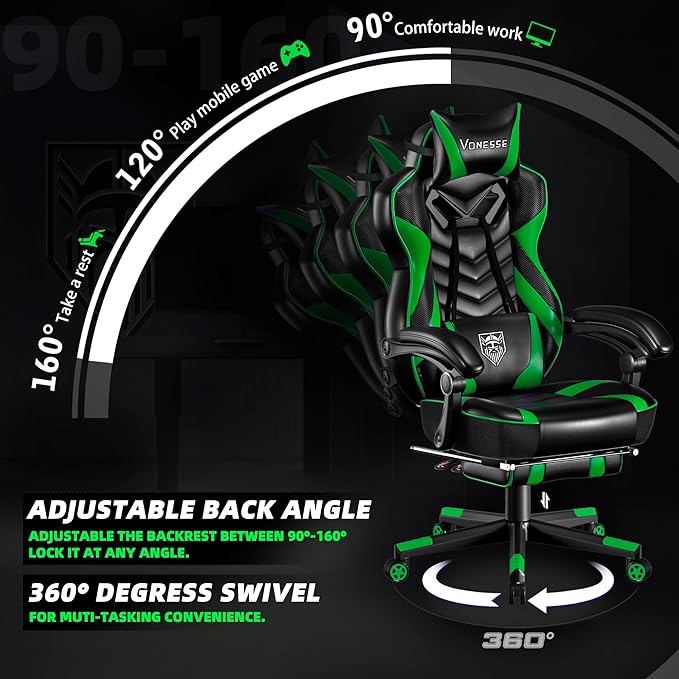 Vonesse Gaming Chair Big and Tall Gaming Chair with Footrest and Massage Gaming Chairs for Adults with Lumbar Support Ergonomic High Back Computer Chair with Pocket Spring Cushion (Green/Black)