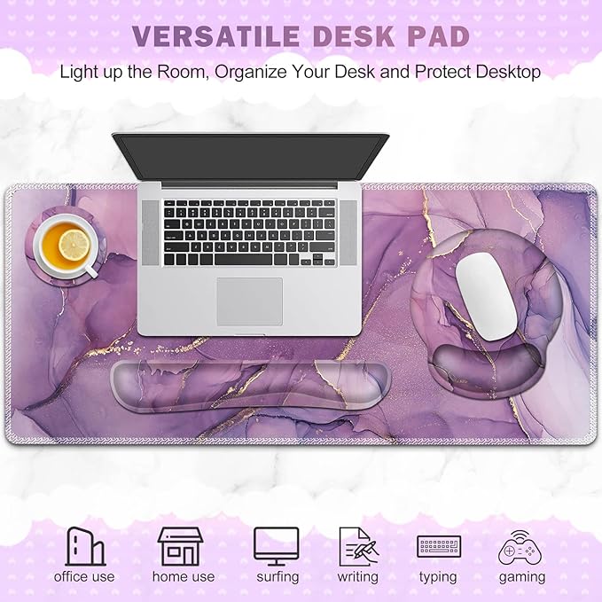 ToLuLu Desk Mat XXL Large Mouse Pad Wrist Support Set4 in1 Gaming Mousepad Desk Pad+ Ergonomic Mouse Pad with Wrist Rest + Keyboard Wrist Rest+Coaster for Women Home Office Computer Purple Marble