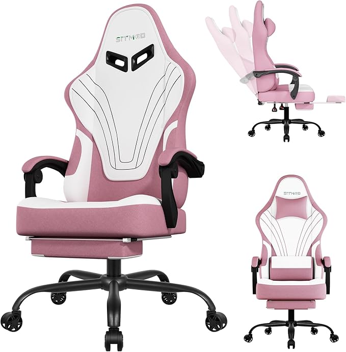 Gaming Chair with FootrestFabric Computer Chair with Pocket Spring CushionHigh Back Comfortable Ergonomic Office Chairs with Lumbar SupportHeight Adjustable Gamer Chair for AdultsPink