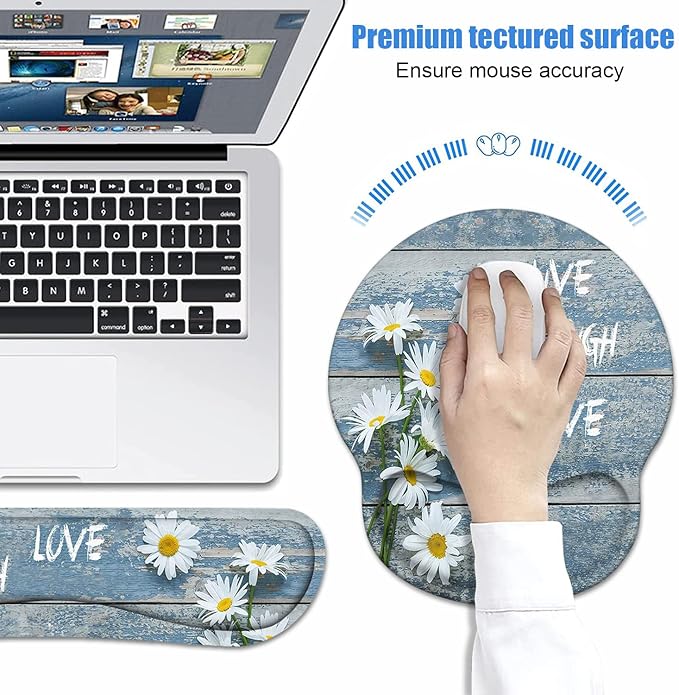 Keyboard Wrist Rest + Mouse Pad Wrist Support Set with Coasters Dreamy Daisy Vintage Wood Board Live Laugh Love Design Non-Slip PU Base Ergonomic Mousepad for Home Office Working Studying