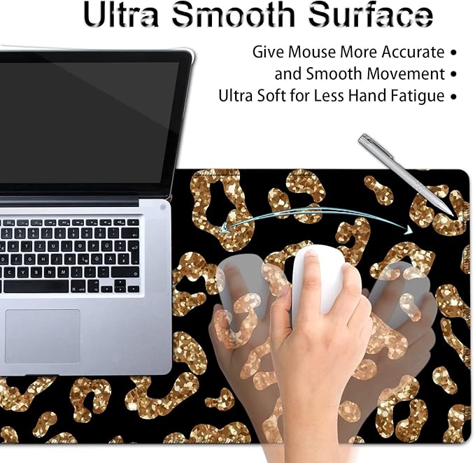 Gold Leopard Desk Pad Set - Extended Gaming Mouse Pad+ Ergonomics Memory Foam Wrist Rest Support 31.5x11.8in Waterproof Large Mouse Pad for Home Office Black XXL Mouse Mat