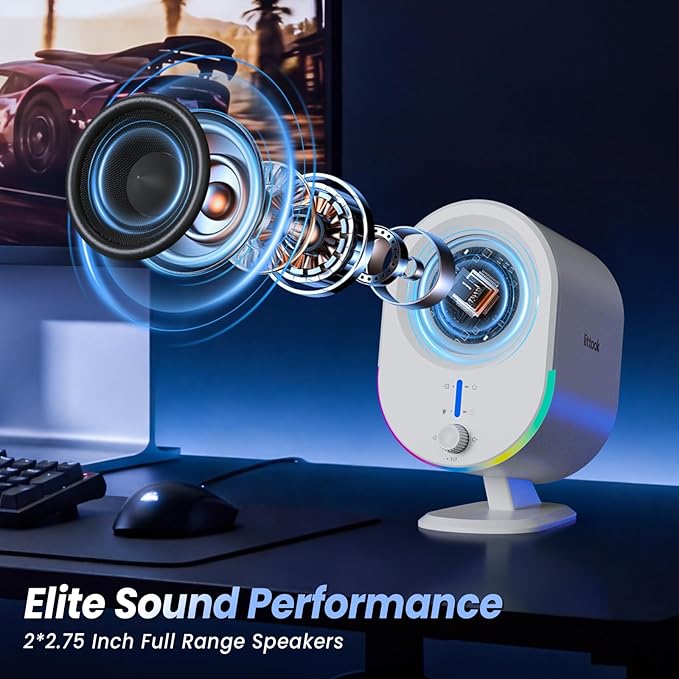 Bluetooth PC Gaming Speakers 2 * 15W 2.0CH Stereo with 3 EQ &amp 6 RGB Modes AC Powered Desktop Speakers with Aux/USB/Headphone Port for Laptop/TV White