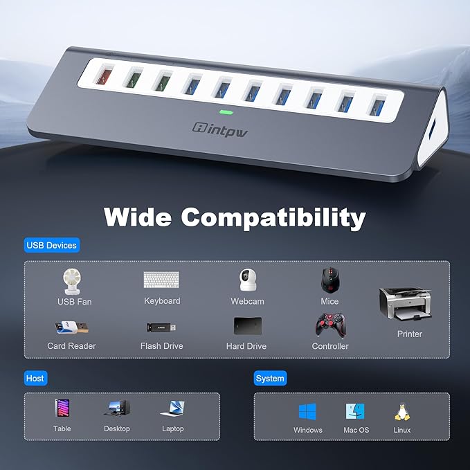 Powered USB Hub 10Gbps 10 Port USB 3.2 Gen 2 Hub with 7 USB 3.2 Data Ports 3 Fast Charging Ports 36W Power Adapter Type A and Type C Cable Aluminum USB Data Hub for Mac PC Laptop
