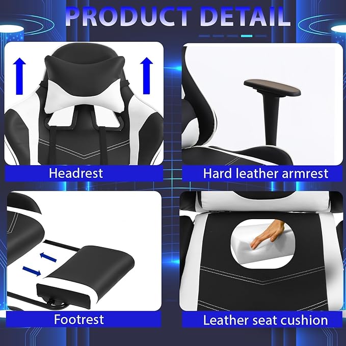 Gaming Chair With Footrest and Massage Lumbar Support Height Adjustable High Back Reclining Computer Chair for Adults - 360-Swivel Blue
