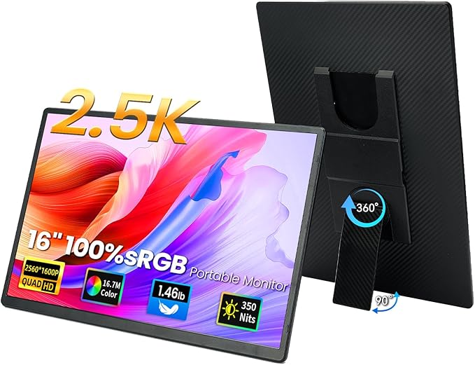 16 2.5K Portable Monitor - QHD Laptop Screen Extender 100% sRGB Wide Color HDMI/USB C/USB A Travel External Display Stand Gaming Monitor for PC Windows MAC Computer Switch Phone Xbox PS4/5