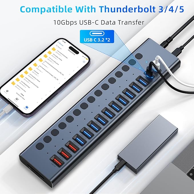 Powered USB Hub 10Gbps 17 Ports 96W USB 3.2 Hub(10 USB-A 3.2 Ports+3 QC 24W Fast Charging Ports+2 USB-C 3.2 Ports+SD/TF Card Reader) 12V/8A Power Adapter for Laptop PC Computer HDDFlash Drive