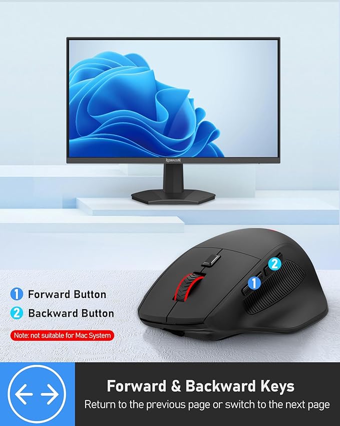 Redragon Large Wireless Gaming Mouse for Big Hands Tri-Modes 2.4G/Bluetooth/Wired Rechargeable Ergo RGB Mouse with 2 Side Buttons 6 Backlit Modes Programmable Macro Gamer Mouse