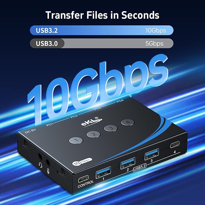 eKL USB 3.2 Switch for 4 Computers 2 USB-C+2 USB-A 10Gbps Inputs Share 1 USB-C+3 USB-A Peripherals Like Mouse Keyboard Printer Scanner with 3.5mm Mic Headphone Jack Includes 4 Cables &amp Control