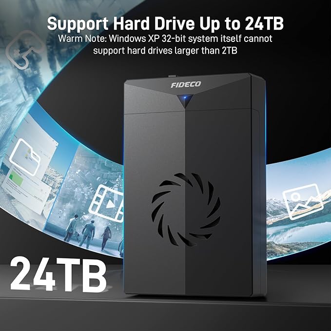 FIDECO Hard Drive Enclosure for 3.5 or 2.5 inch SATA HDD SSD SATA to USB Adapter with Cooling Fan External HDD Enclosure with 12V Power Adapter Support UASP Tool-Free Plug and Play