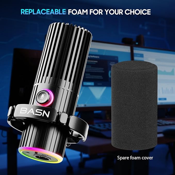 BASN USB/XLR Dynamic Microphone Live Streaming Gaming Recording with Three-in-One Mute ButtonRGB Lighting and MIC Stand for PC (Black) SL2000