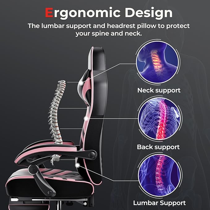 POWERSTONE Gaming Chair Video Game Chair with Footrest and Lumbar Support Racing Style PU Leather Computer Chair Ergonomic Adjustable Swivel Task Chair Pink